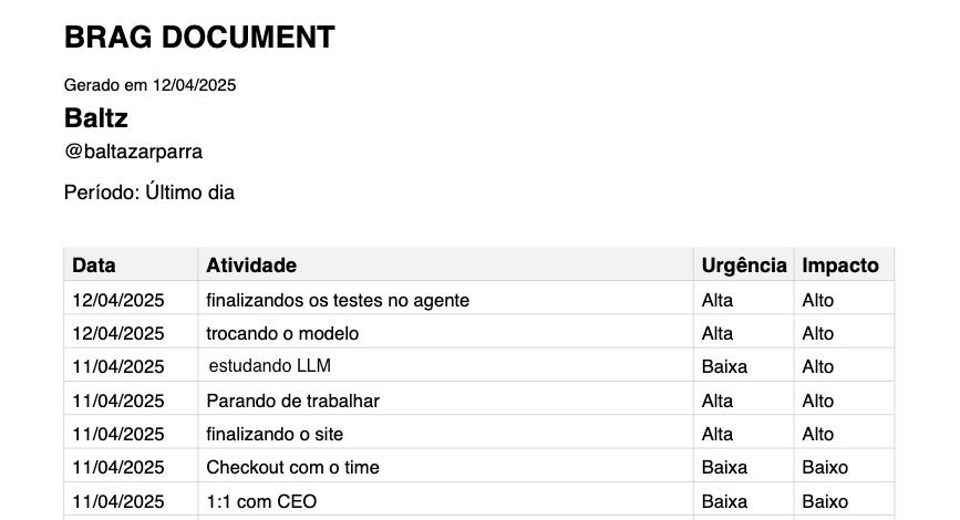 Visual do Brag Document em um caderno de anotações