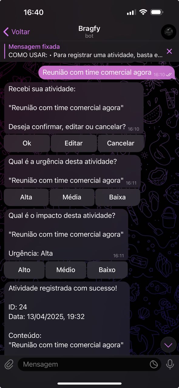 Tela do agente Bragfy funcionando no Telegram